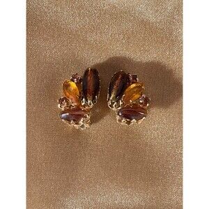Vintage 50s Amber Rhinestone Earrings 1950s Retro Glam Golden Brown Clip Ons
